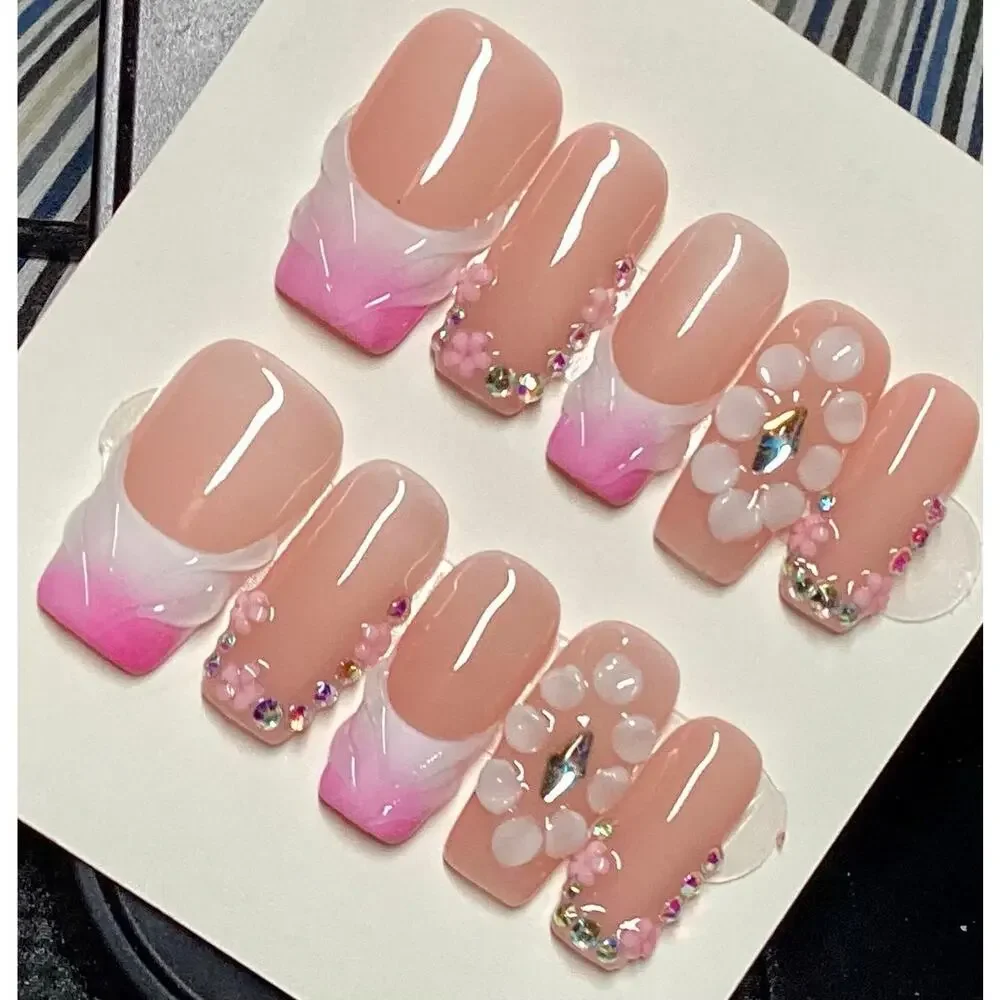 3D Flower Ombre Pink Gem French Tip Square Press On Nails Medium & Large